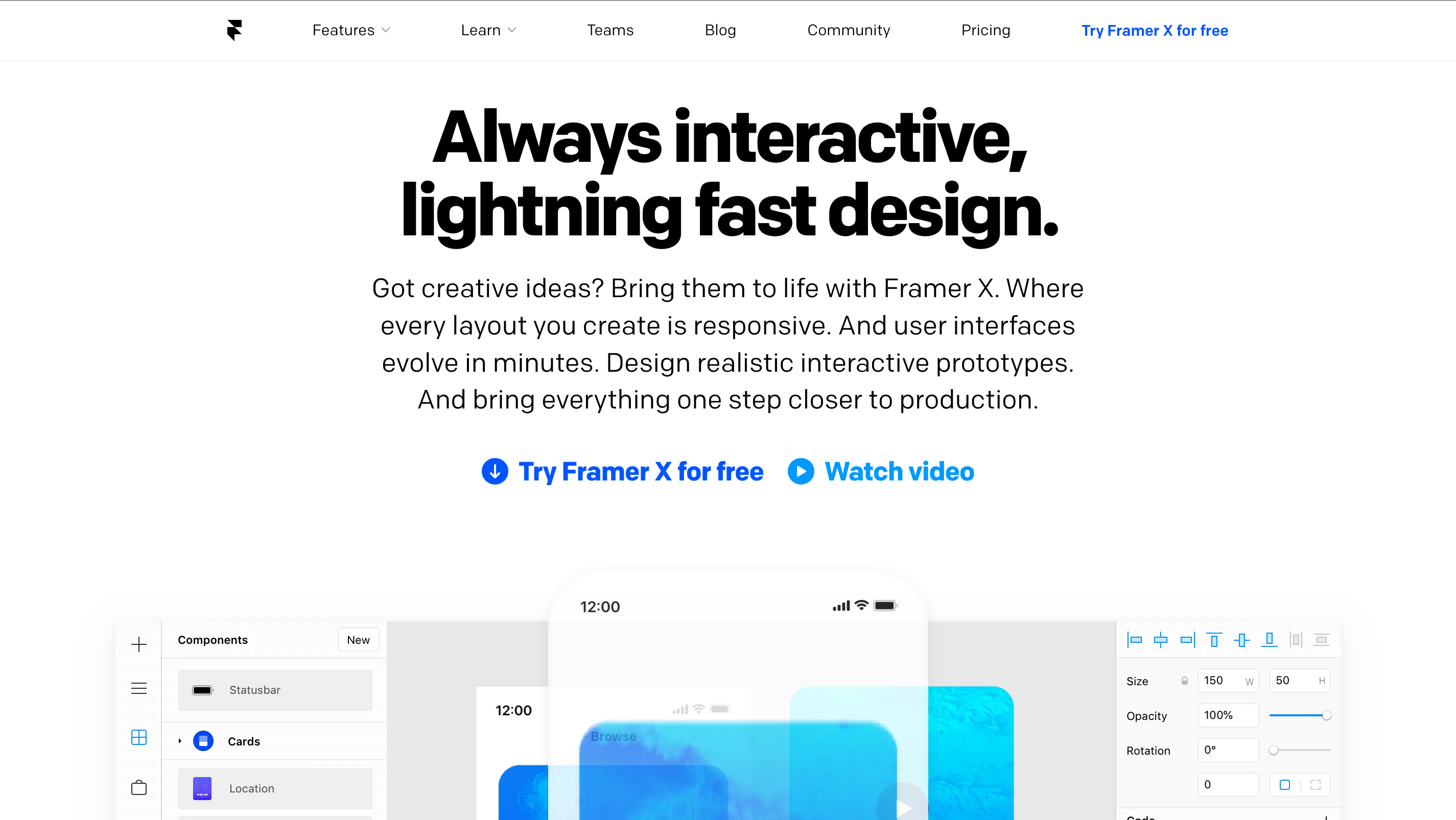 Framer’s website in 2019, showing that it was a prototyping tool and not a website publishing platform.