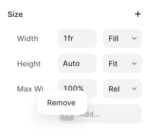 Screenshot of the size settings after right-clicking on the max width field, showing a context menu with the option to delete the max width.