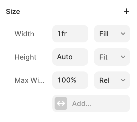 Screenshot of an element’s size settings in the Framer sidebar. There’s no obvious sign of how to delete the max width.